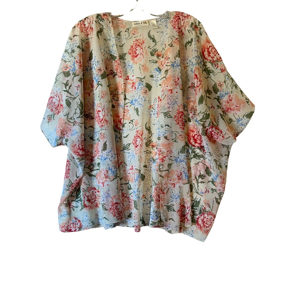 Lottie & Holly Floral Kimono Cardigan White Dusty Pink Blue Open Front Large‎